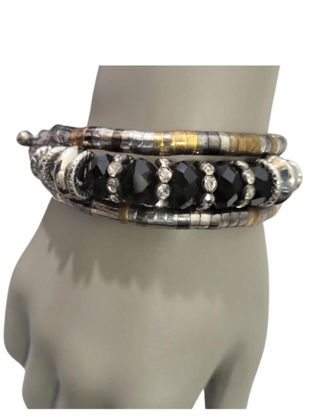 Beaded Black Silver & Gold Beaded Stacking Wrap Wire Bracelet